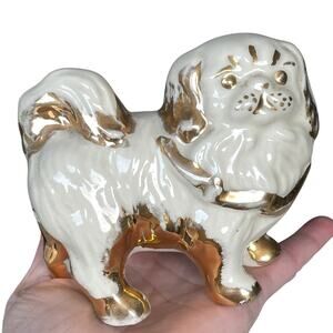 Porcelain Pekingese Dog Figurine Ivory White With Gold Trim Antique or Vintage